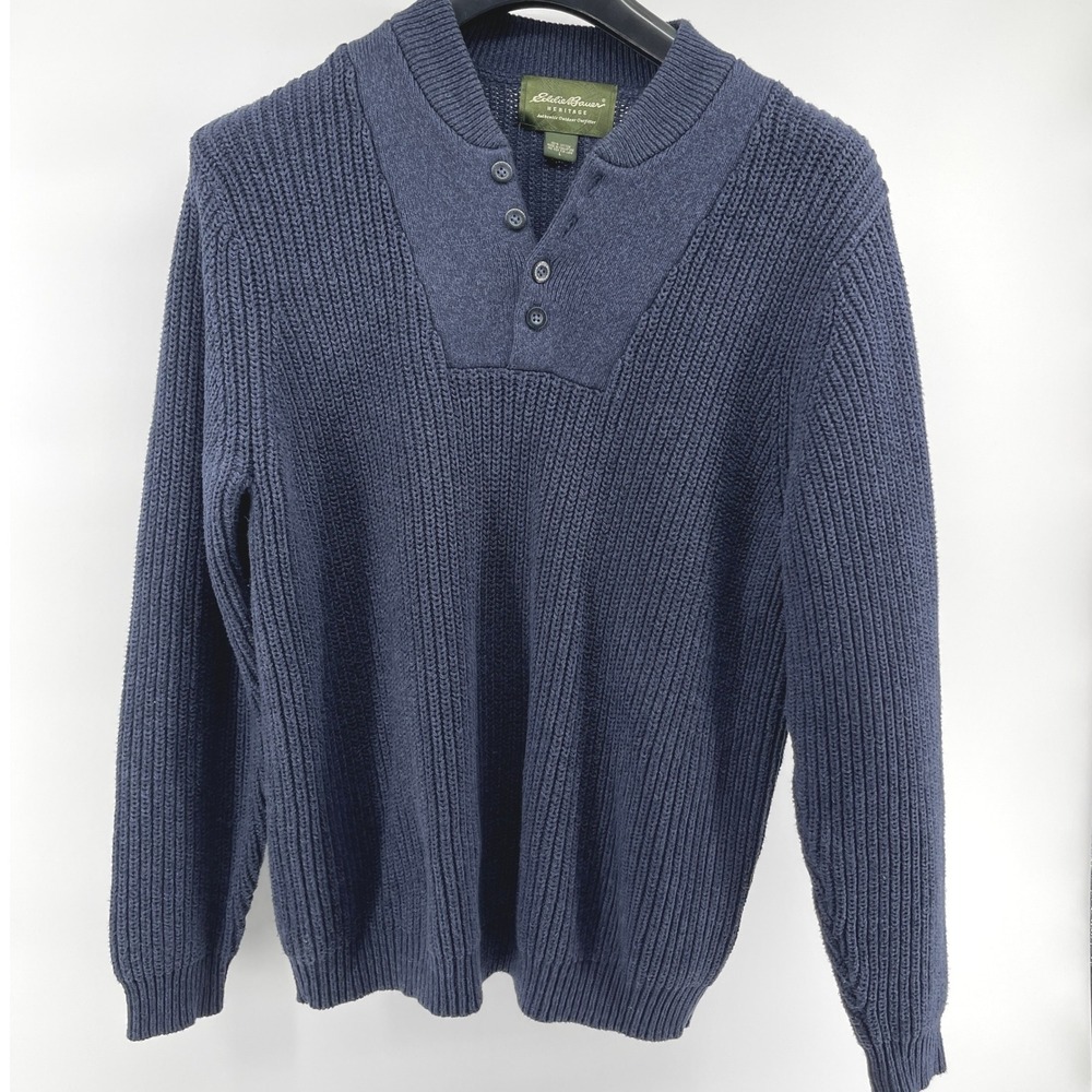 Vintage Eddie Bauer Herritage Sweater Mens‎ Large Navy Blue Cotton Henley